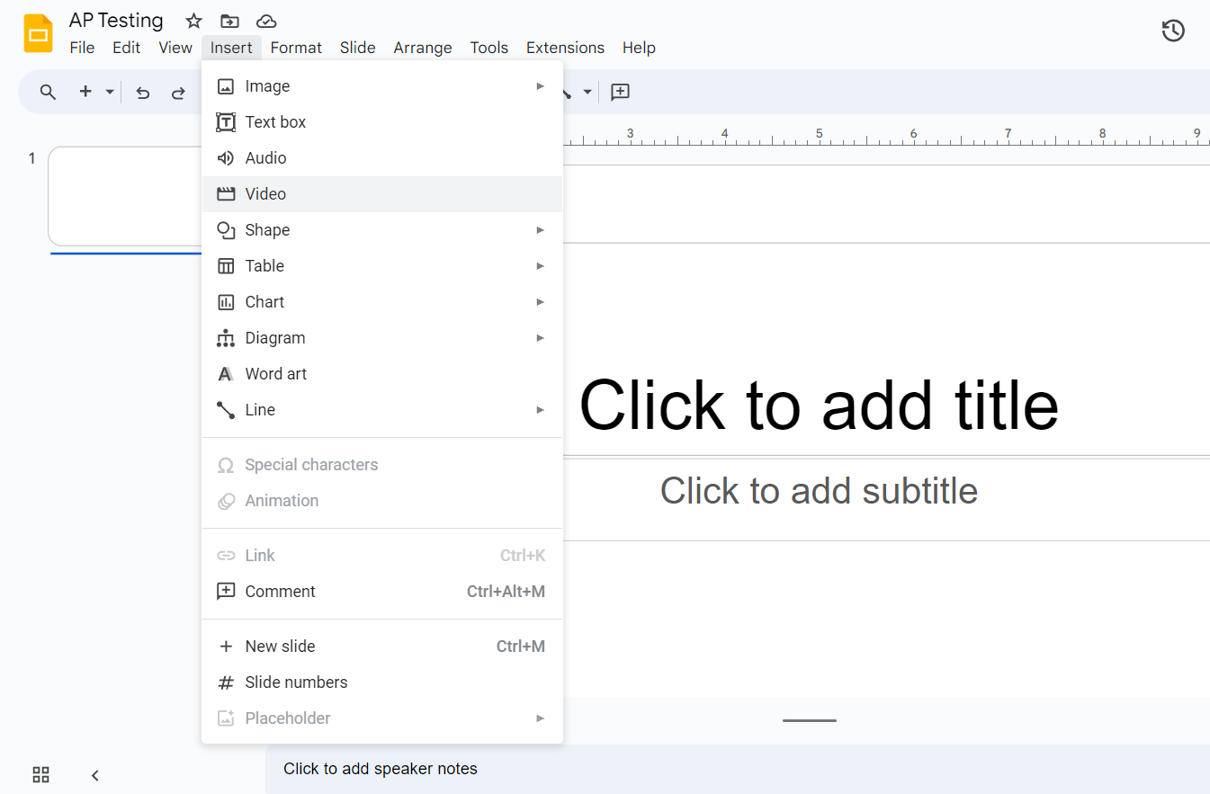 Screenshot showing the Google Slides Insert Menu