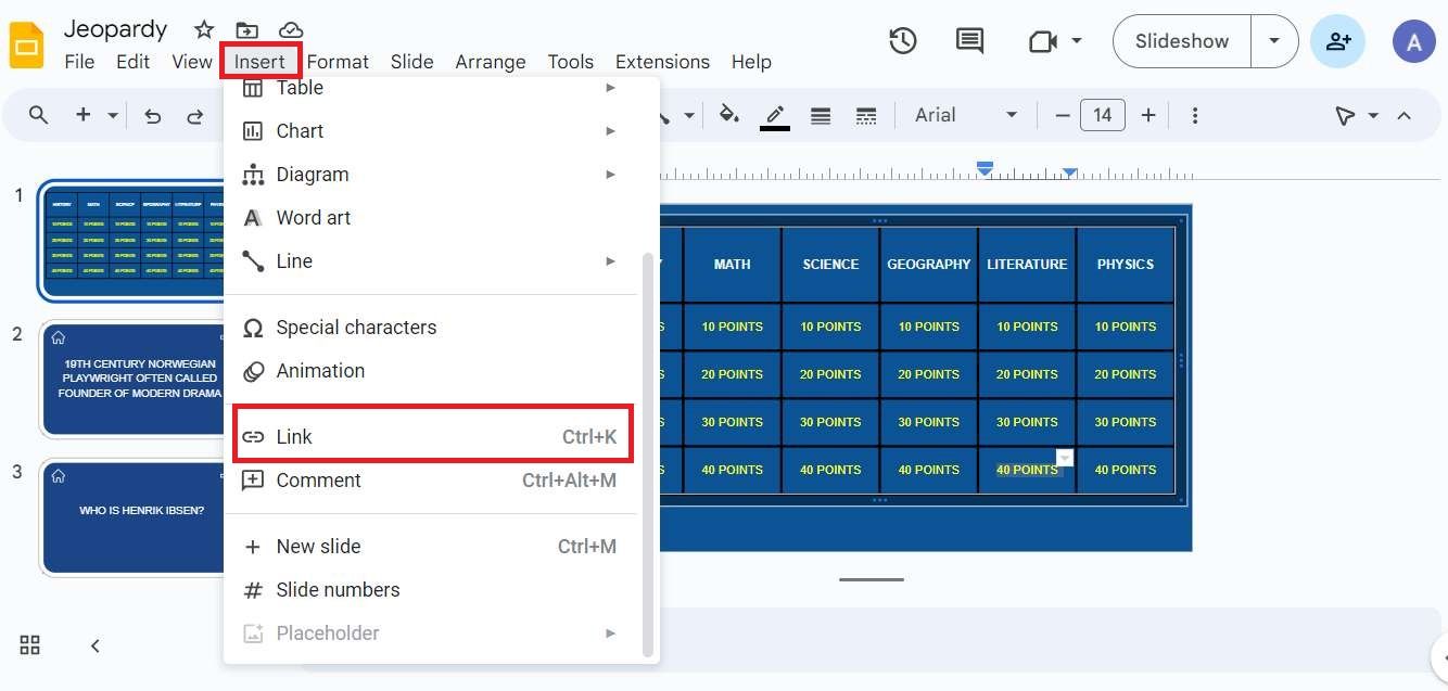 Screenshot highlighting the 'Link' option under Insert in Google Slides
