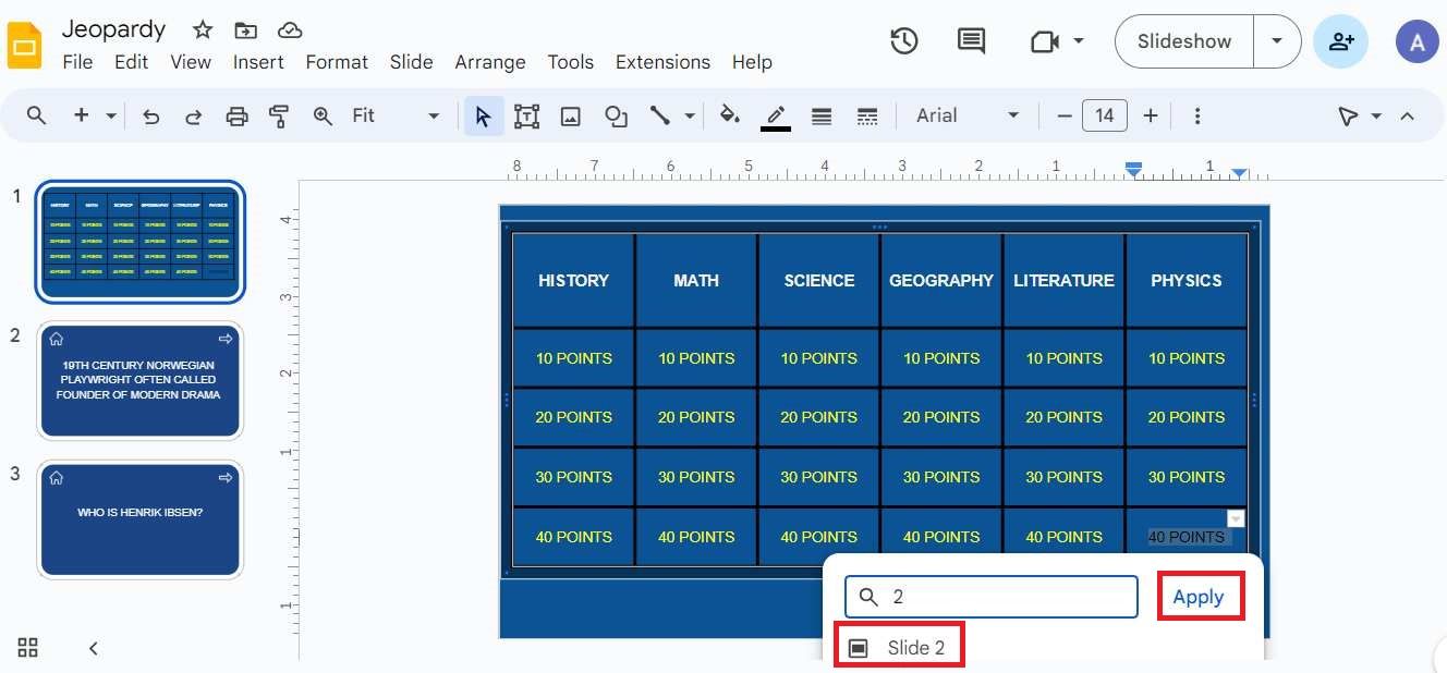 Screenshot highlighting the slide number and 'Apply' option in Google Slides