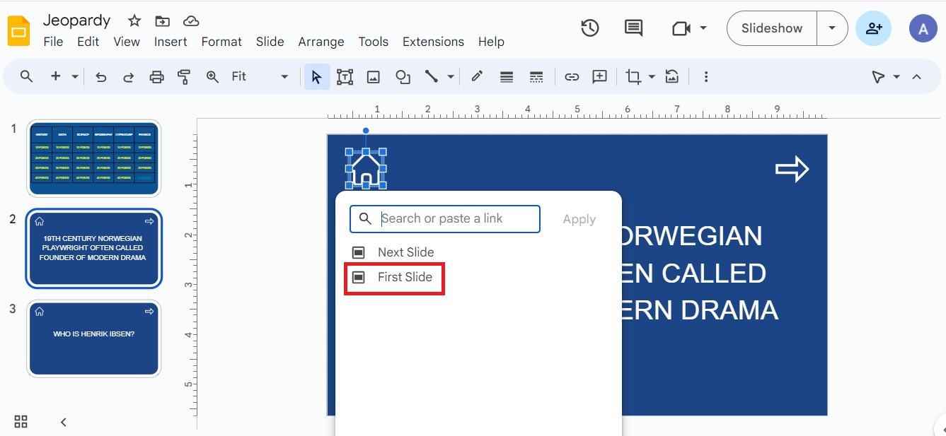 Screenshot highlighting 'First Slide' in Google Slides