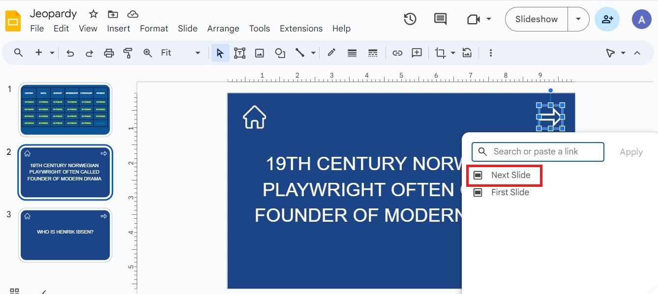 Screenshot highlighting 'Next Slide' in Google Slides