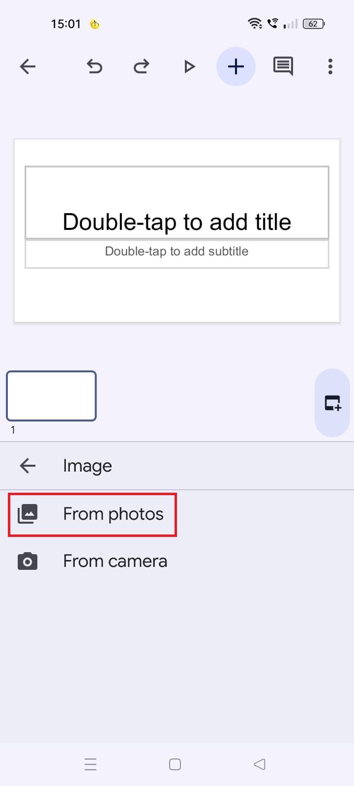 Screenshot highlighting 'From photos' in the Google Slides app