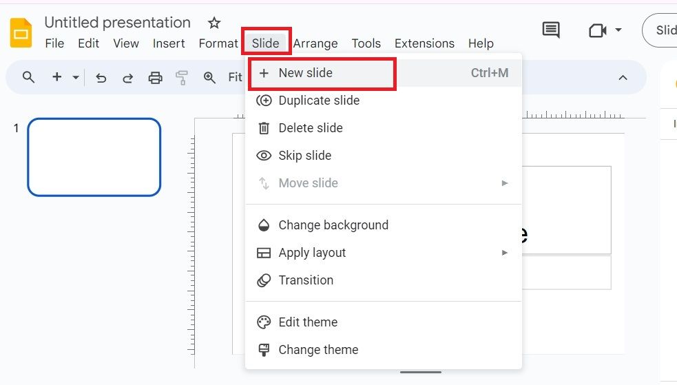 Screenshot highlighting the 'New slide' option under Slide in Google Slides