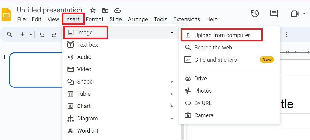 Screenshot highlighting 'Upload from computer' under Image in Google Slides