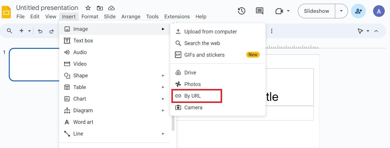 Screenshot highlighting 'By URL' under Images in Google Slides
