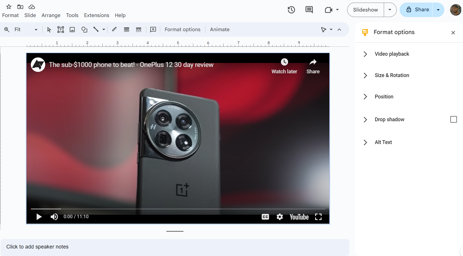 Screenshot showing Google Slides video format options