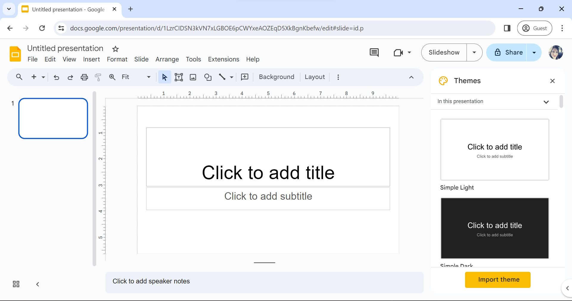 windows desktop view of a new google slides presentation