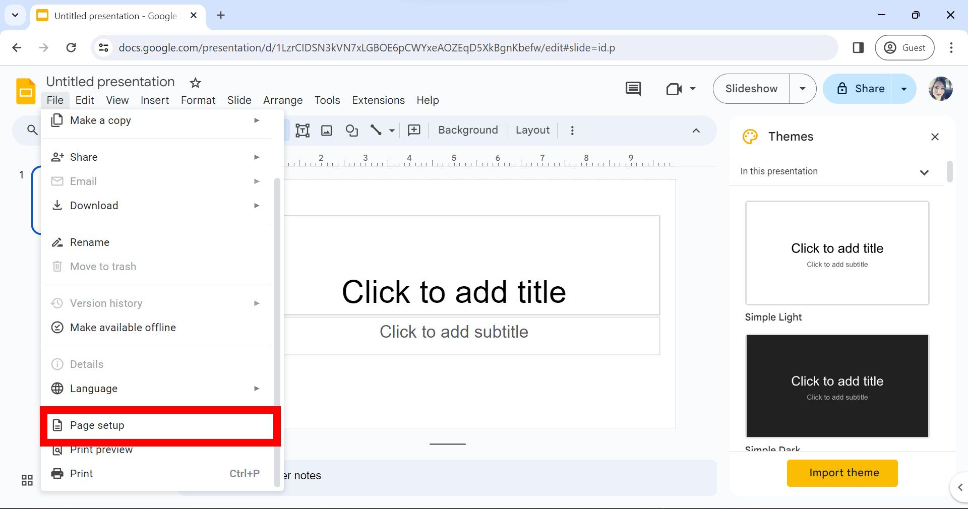 red rectangle outline over page setup in google slides