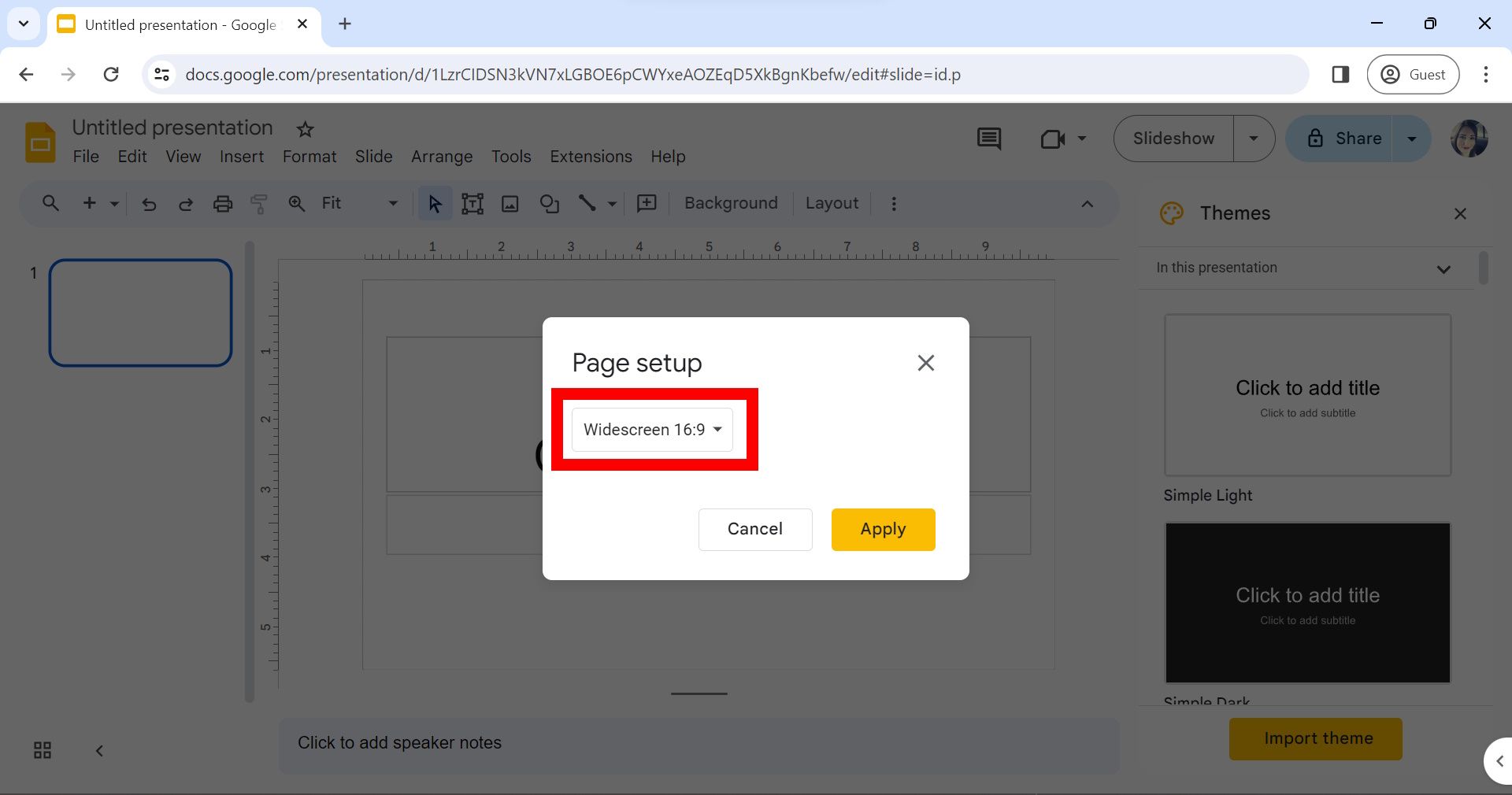 red rectangle over page setup aspect ratio selection in google slides