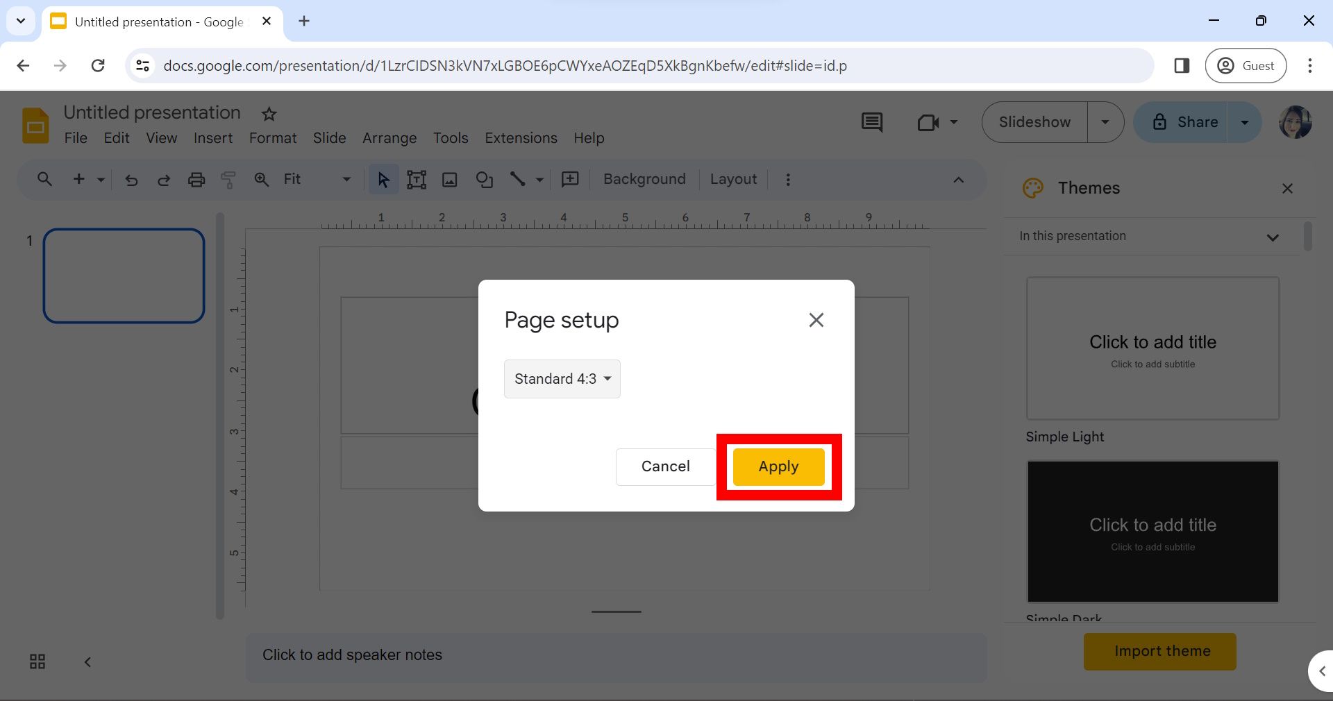 red rectangle over apply button in page setup window in google slides