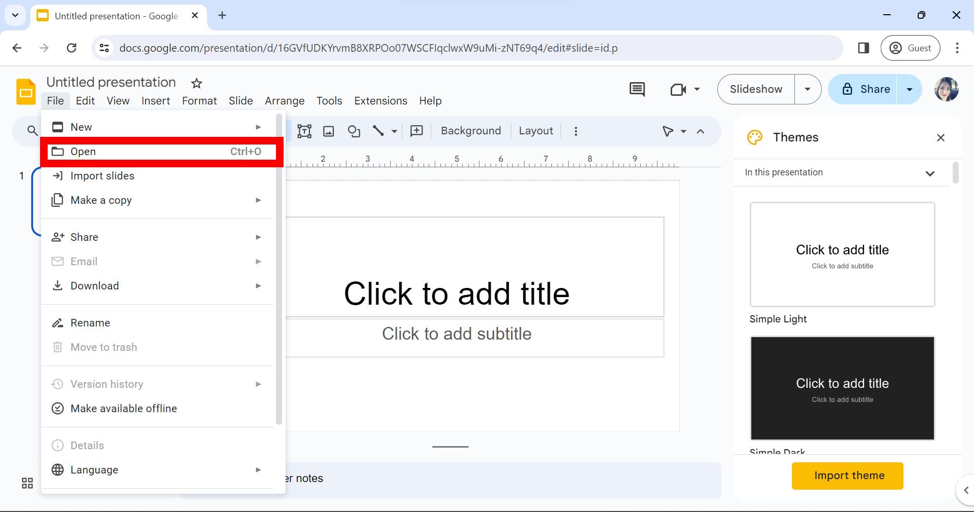 red rectangle outline over open in the file drop down menu in google slides