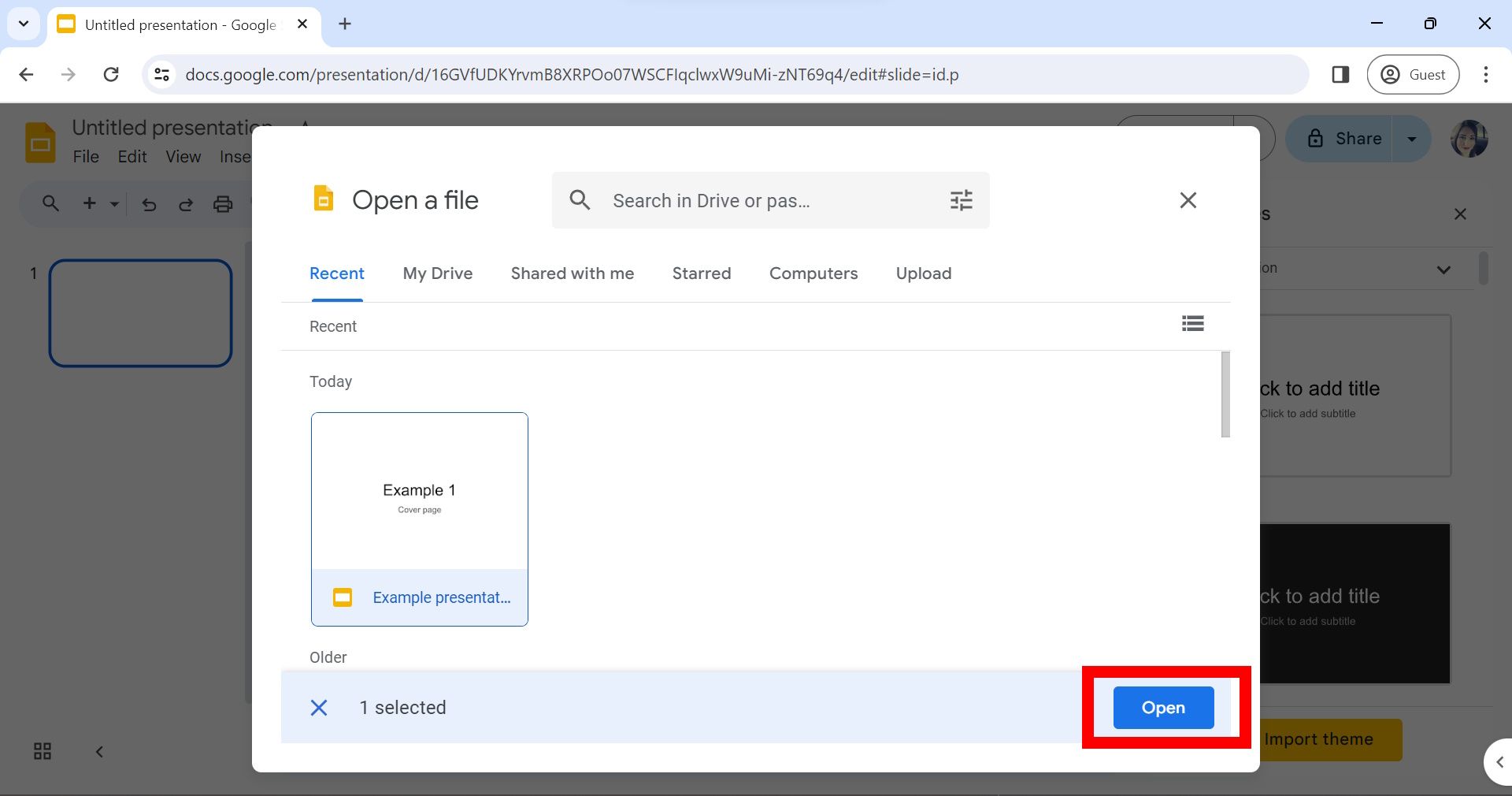 open file page with red rectangle box outline over blue open button in google slides