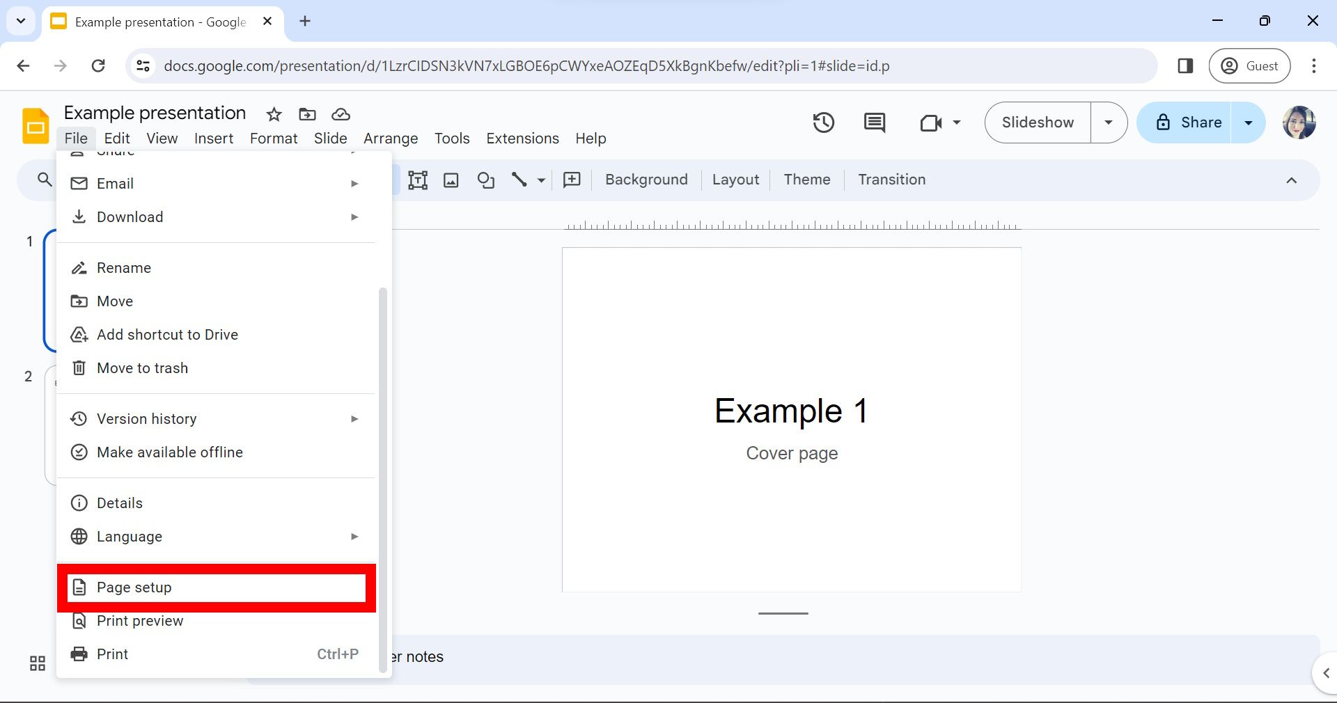 red rectangle outline over page setup under file drop down menu in google slides