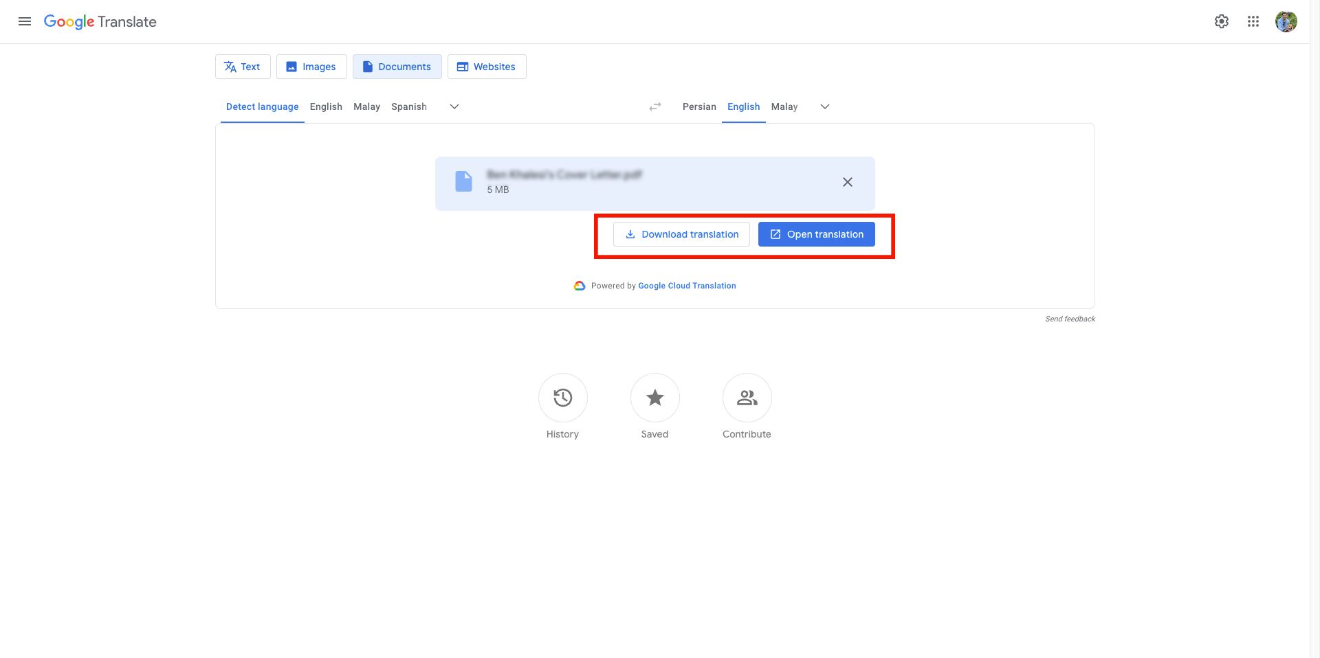 The image shows the Google Translate web interface on the 'Documents' tab that is 5 MB in size. There are two buttons highlighted in red: 'Download translation' and 'Open translation'.