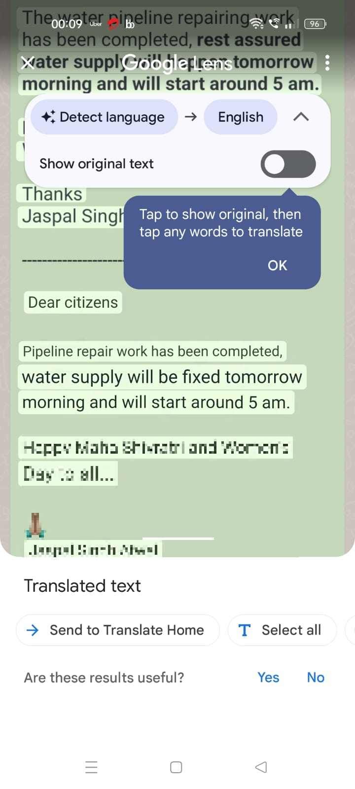 Screenshot showing the translated text in the Google Translate app