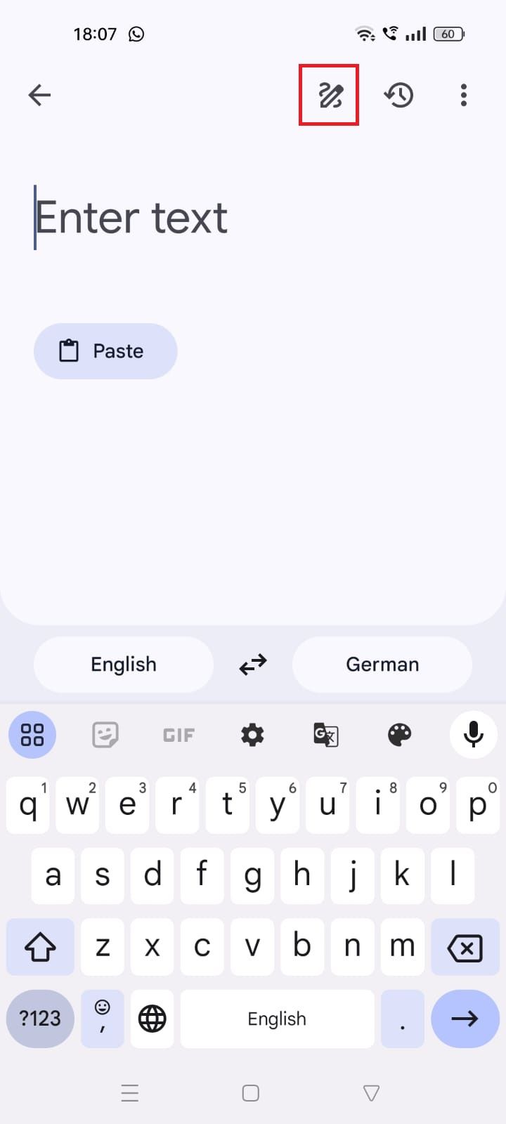 Screenshot highlighting the pen icon in the Google Translate app