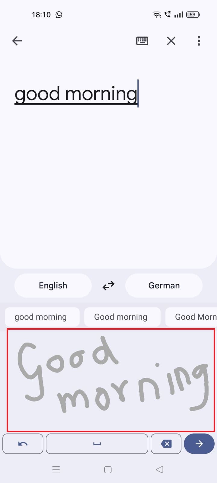 Screenshot showing the handwritten text on the Google Translate app