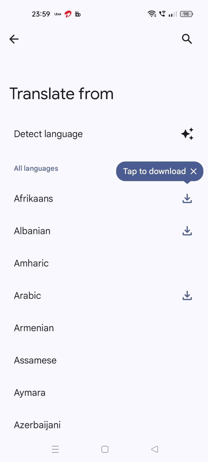 Screenshot showing the languages available in the Google Translate app