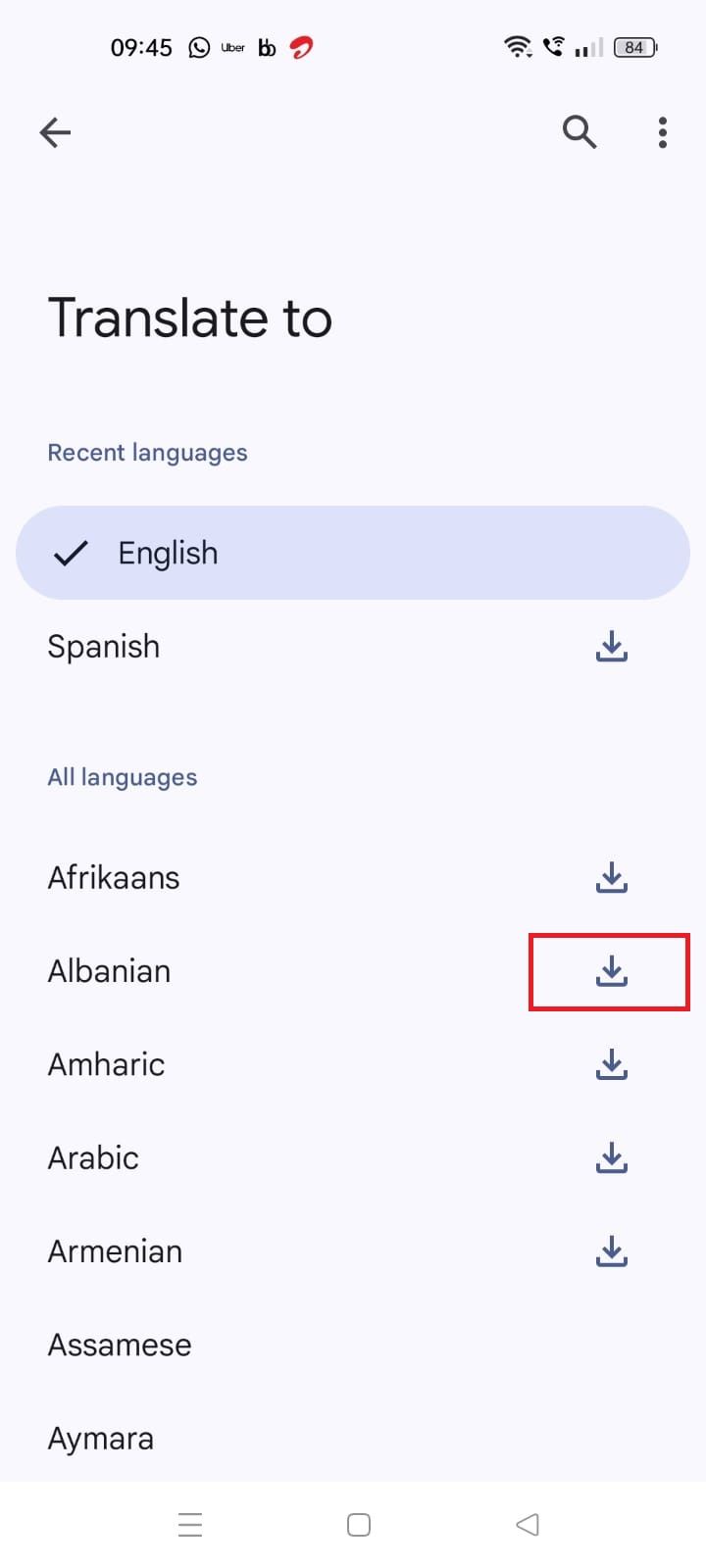 Screenshot highlighting the download icon in the Google Translate app