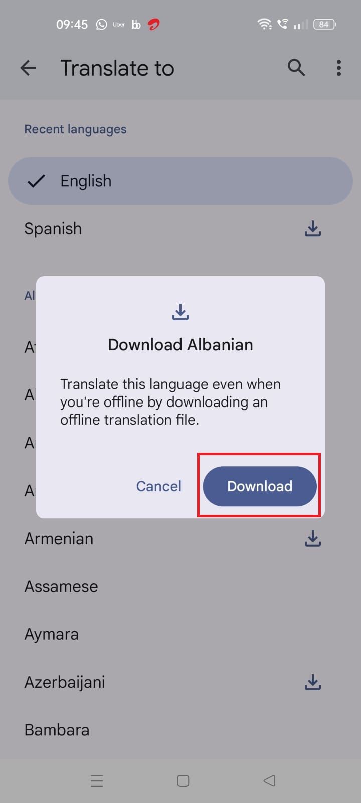 Screenshot highlighting the 'Download' option in the Google Translate app