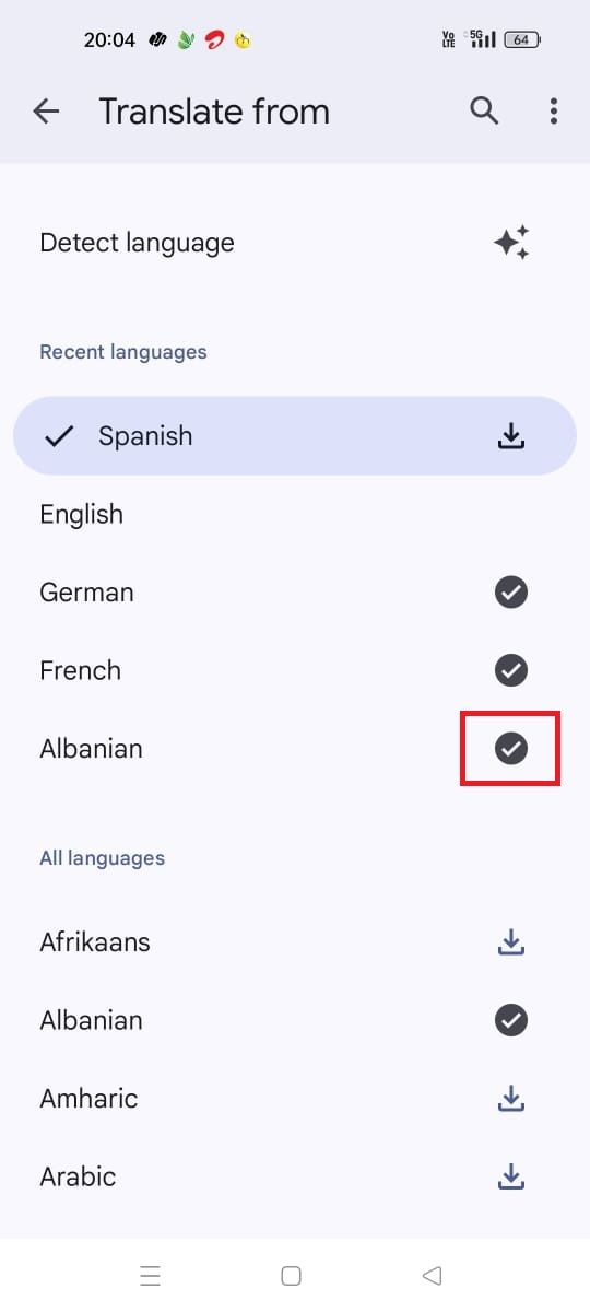 Screenshot highlighting the checkmark icon in the Google Translate app