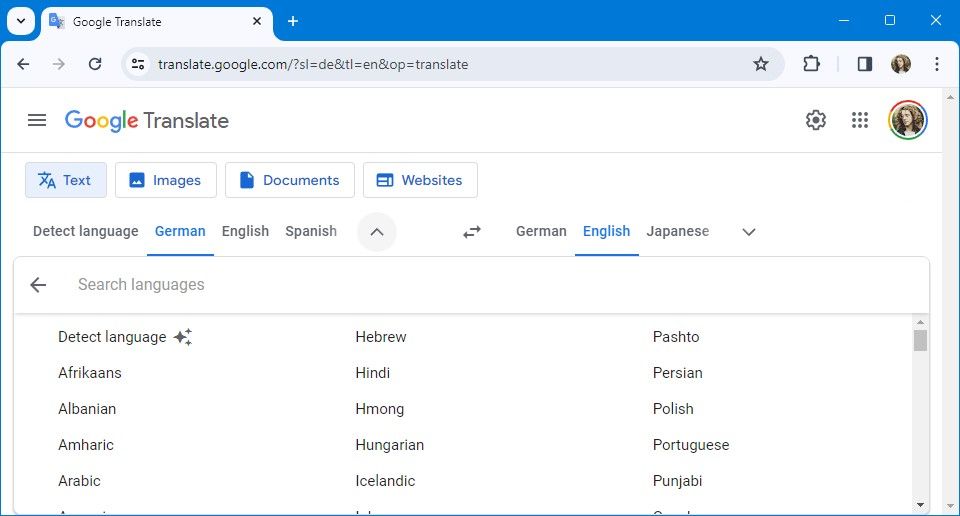 google translate desktop language selector