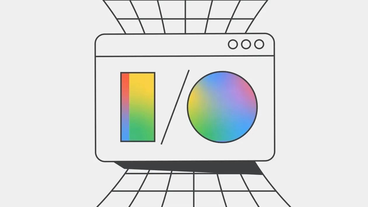 A black and white, flat art-style illustration of a pop-up screen with I/O in a rainbow gradient.