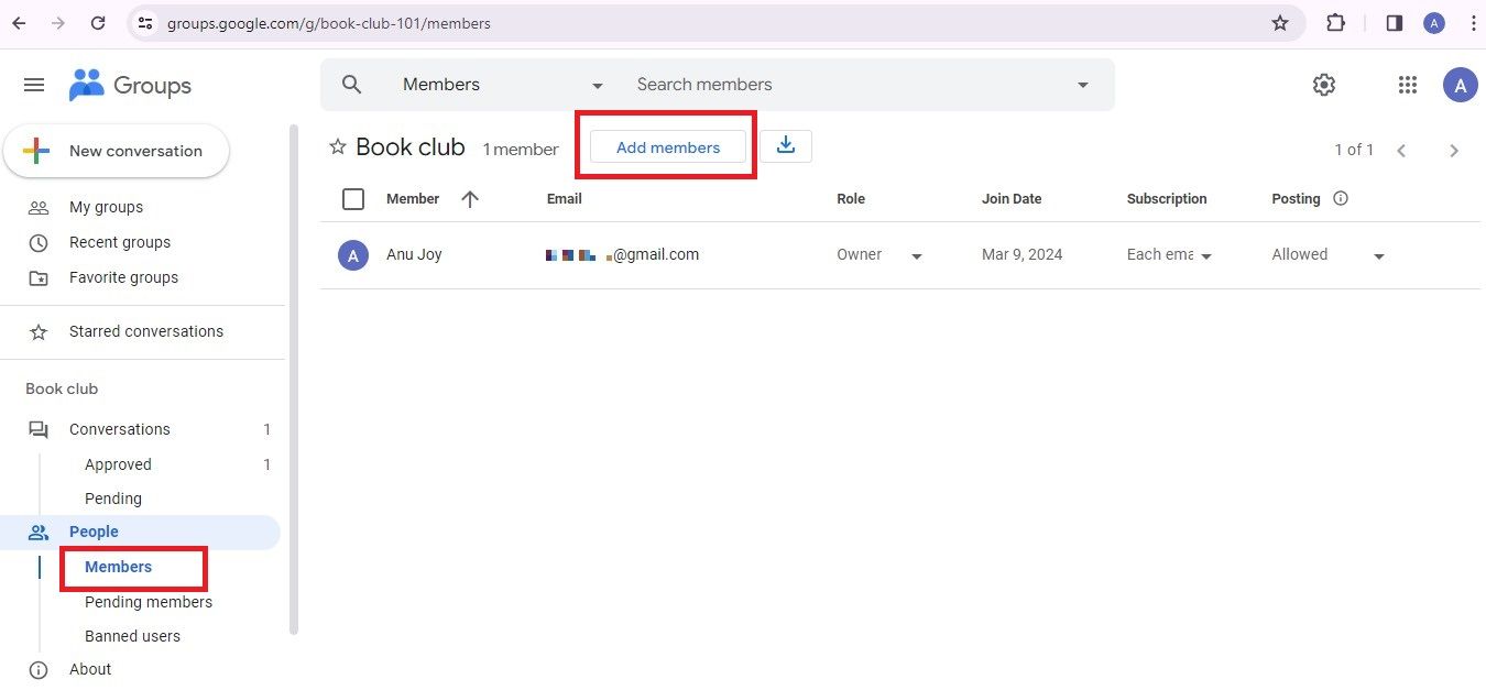 Screenshot highlighting 'Add members' in Google Groups