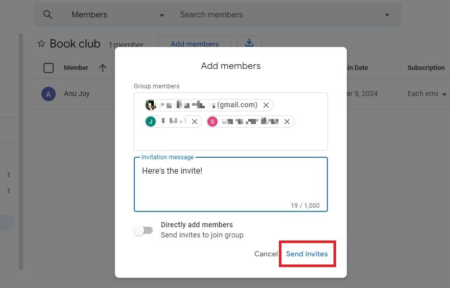 Screenshot highlighting 'Send invites' in Google Groups