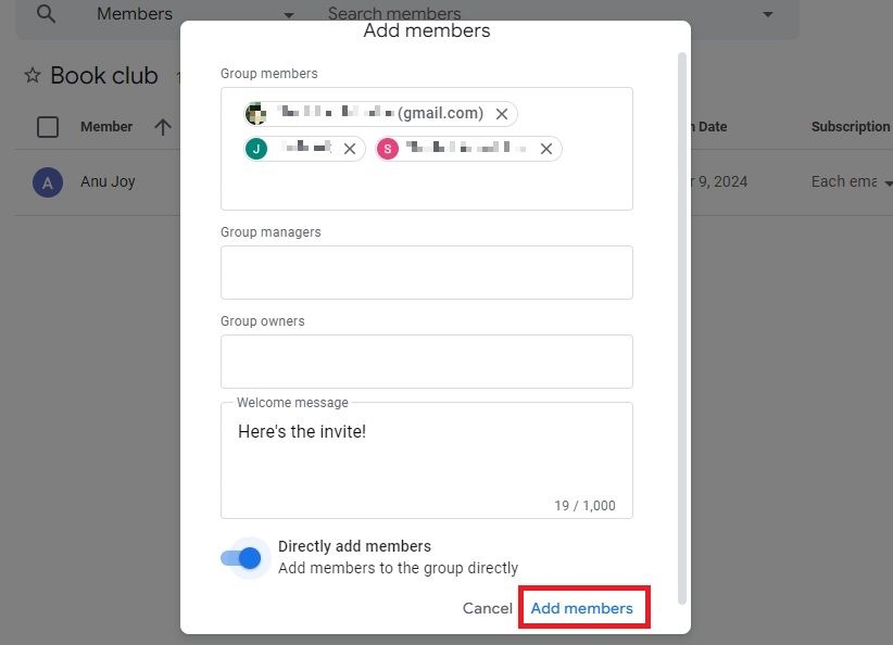 Screenshot highlighting 'Add members' after turning on the option 'Directly add members' in Google Groups