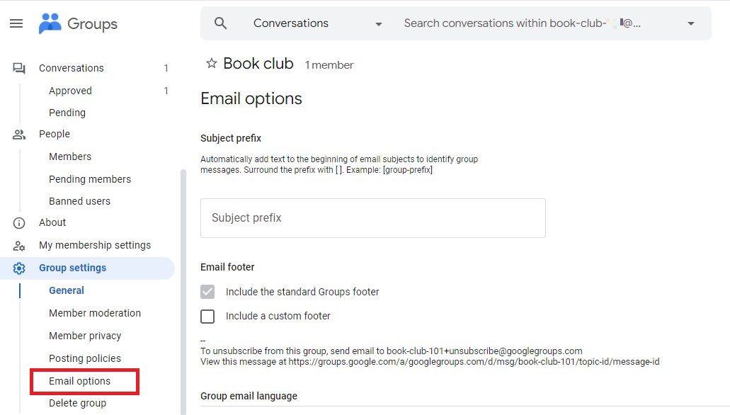 Screenshot showing the email options in Google Groups