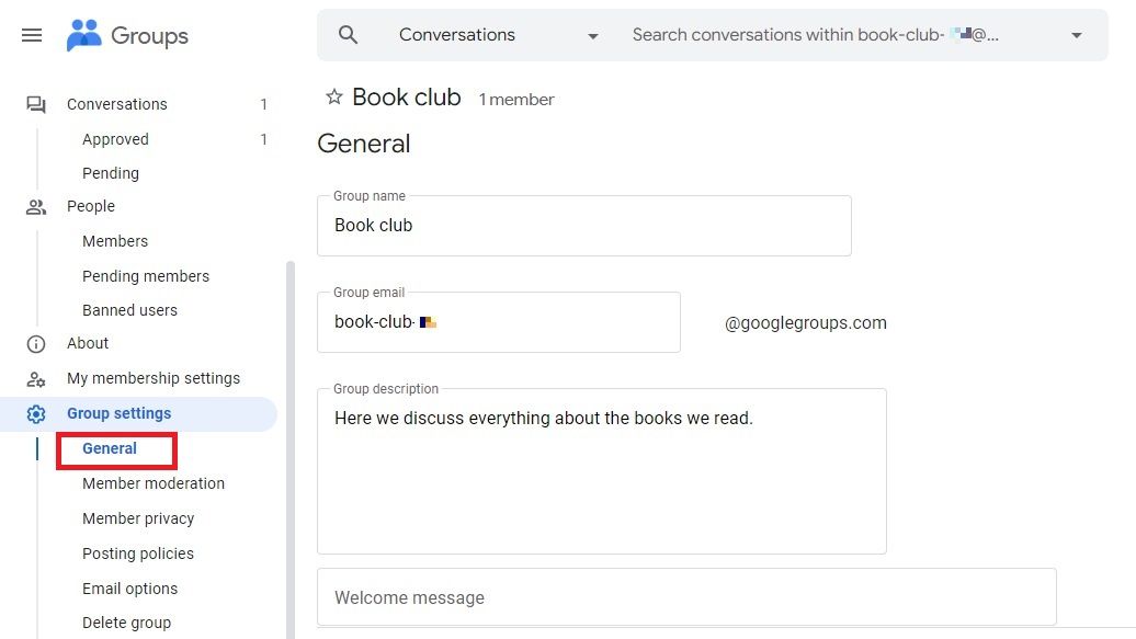 Screenshot showing the general settings option in Google Groups