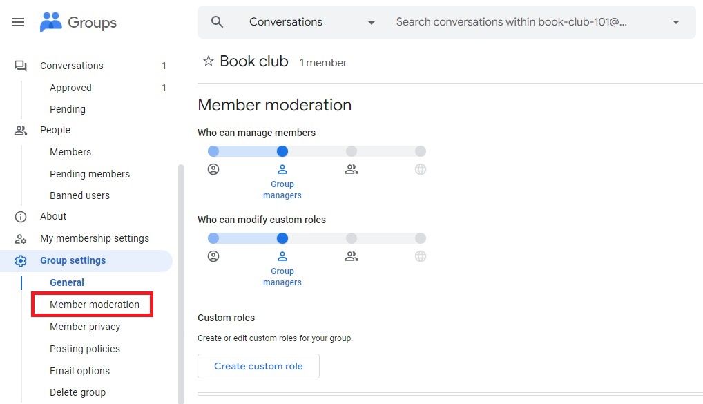 Screenshot showing the member moderation option in Google Groups