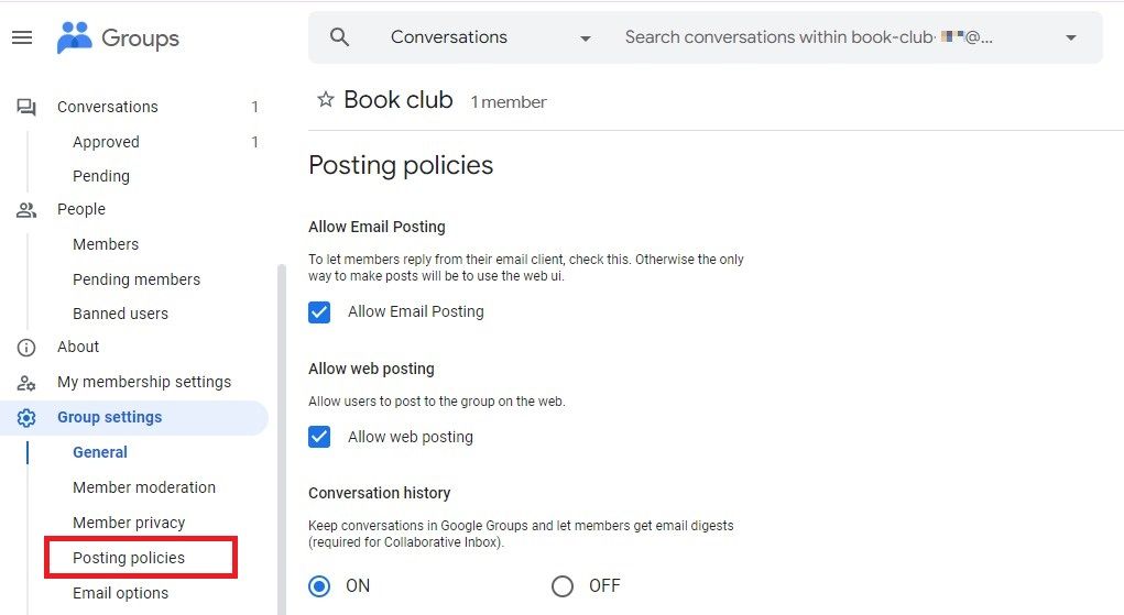 Screenshot showing the posting policies option in Google Groups