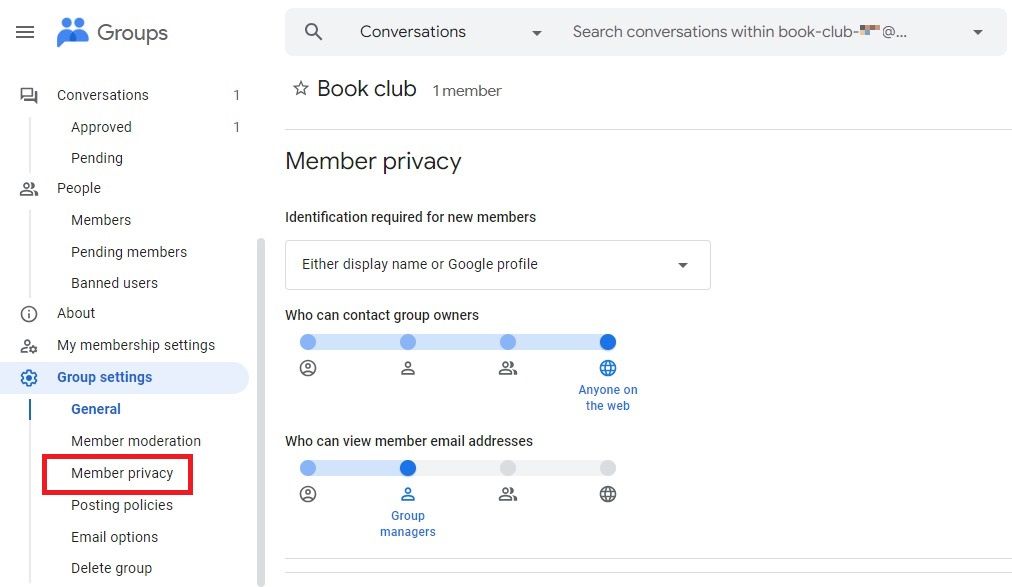 Screenshot showing the member privacy option in Google Groups