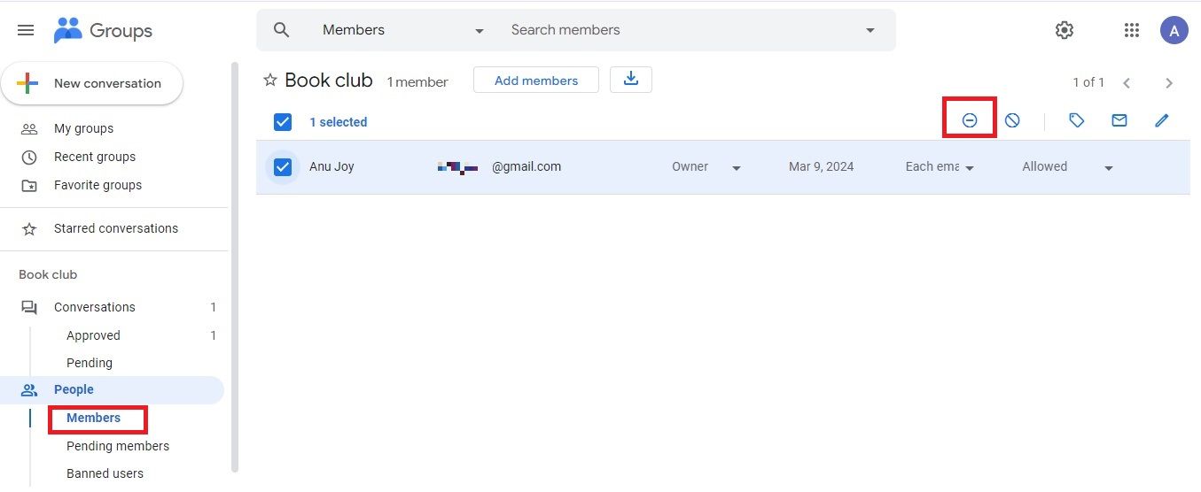 Screenshot highlighting the remove member icon in Google Groups