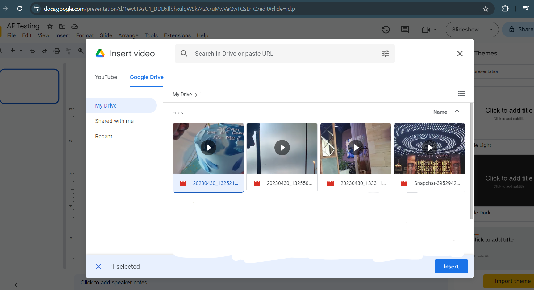 Screenshot showing option to add video to Google Slide using Google Drive