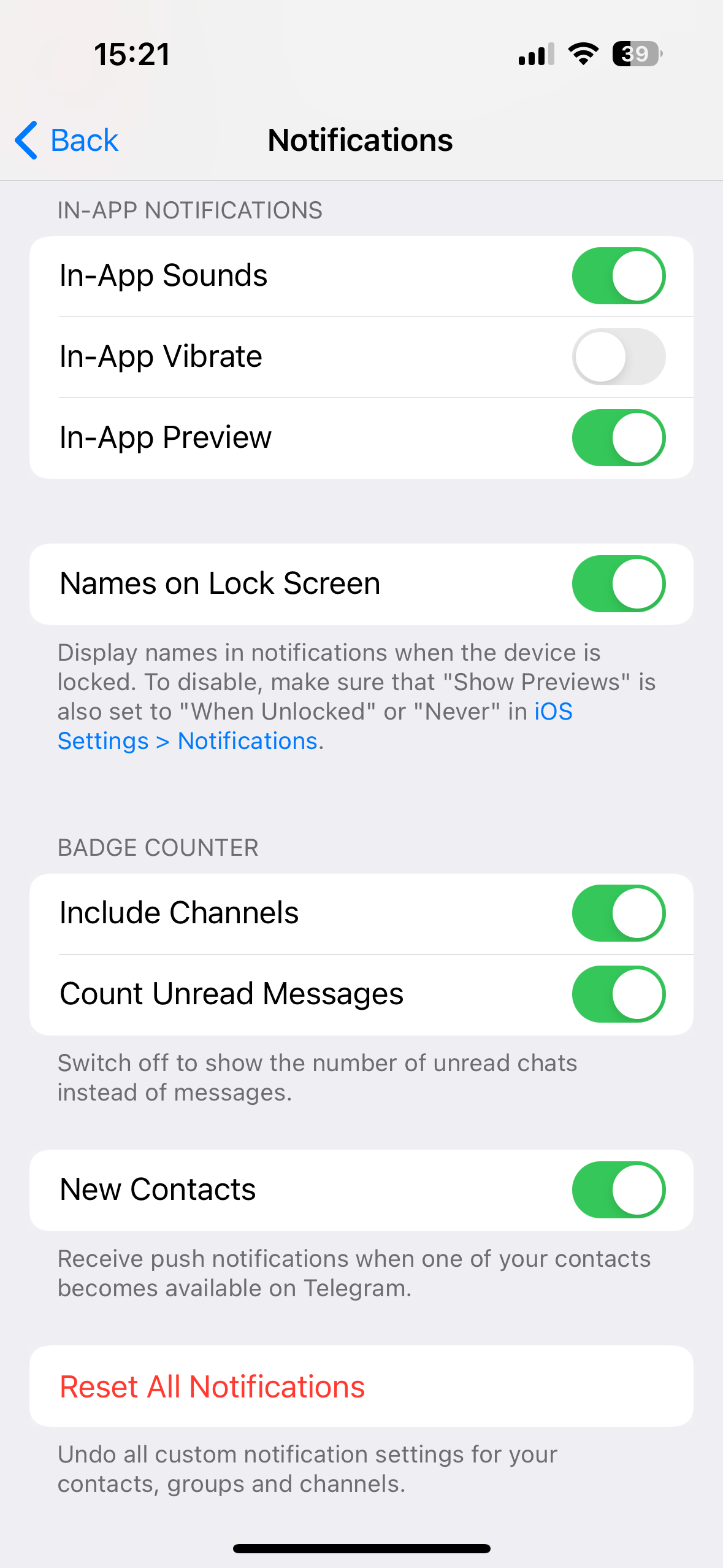 A screenshot showing the notification settings of the iPhone telegram app