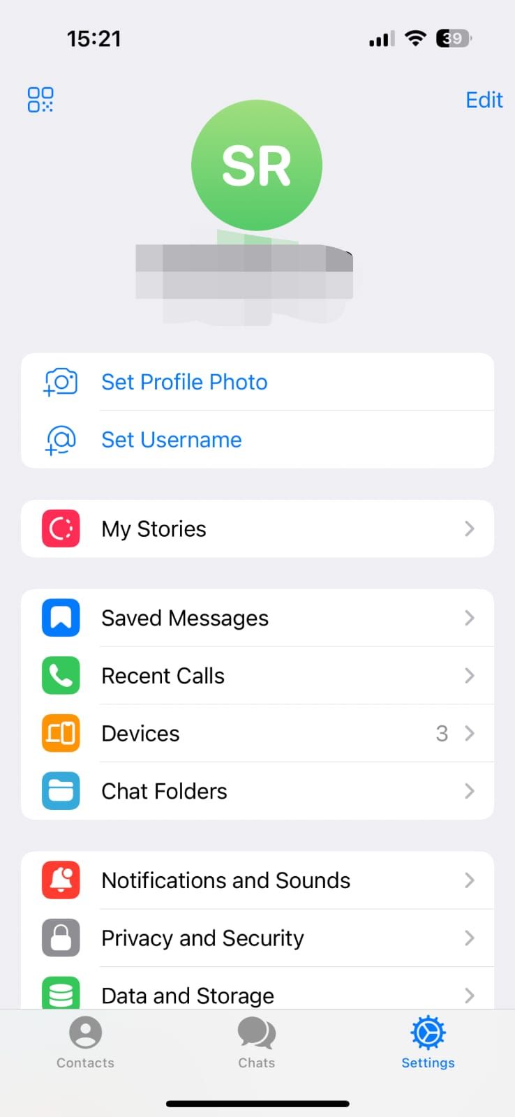 A screenshot showing the settings menu in the Telegram iPhone app