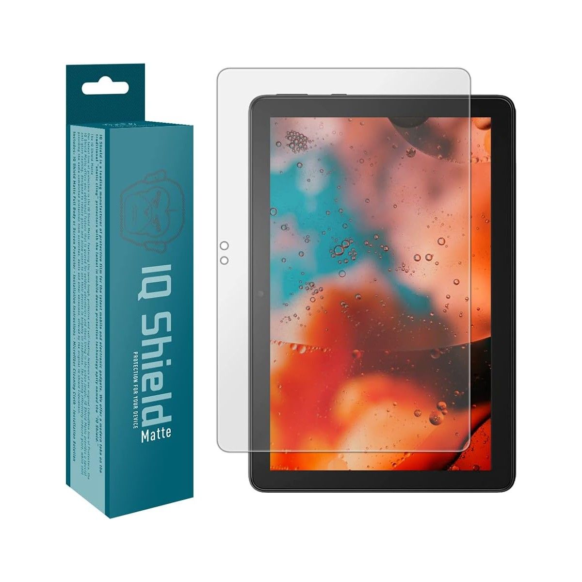 An IQShield Matte Screen Protector box, a screen protector, and a Fire HD 10 tablet