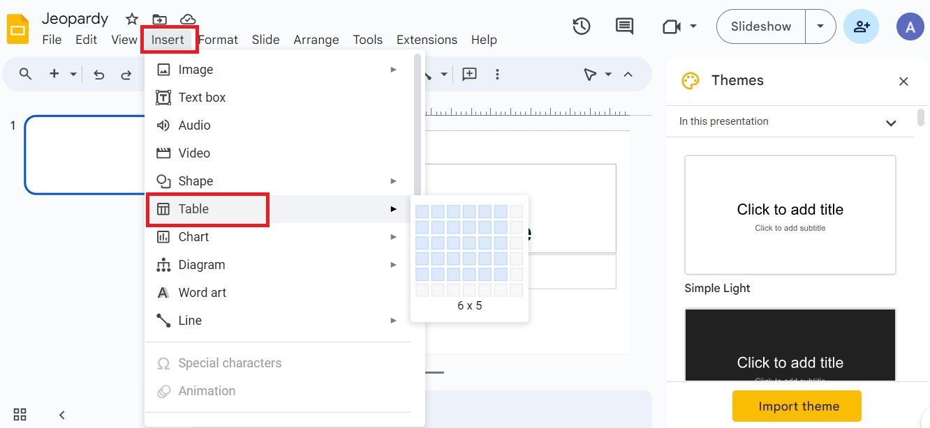 Screenshot highlighting the 'Table' option under Insert in Google Slides