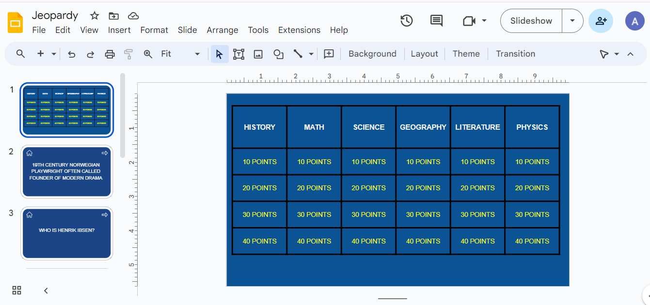 Screenshot showing the Jeopardy game board in Google Slides