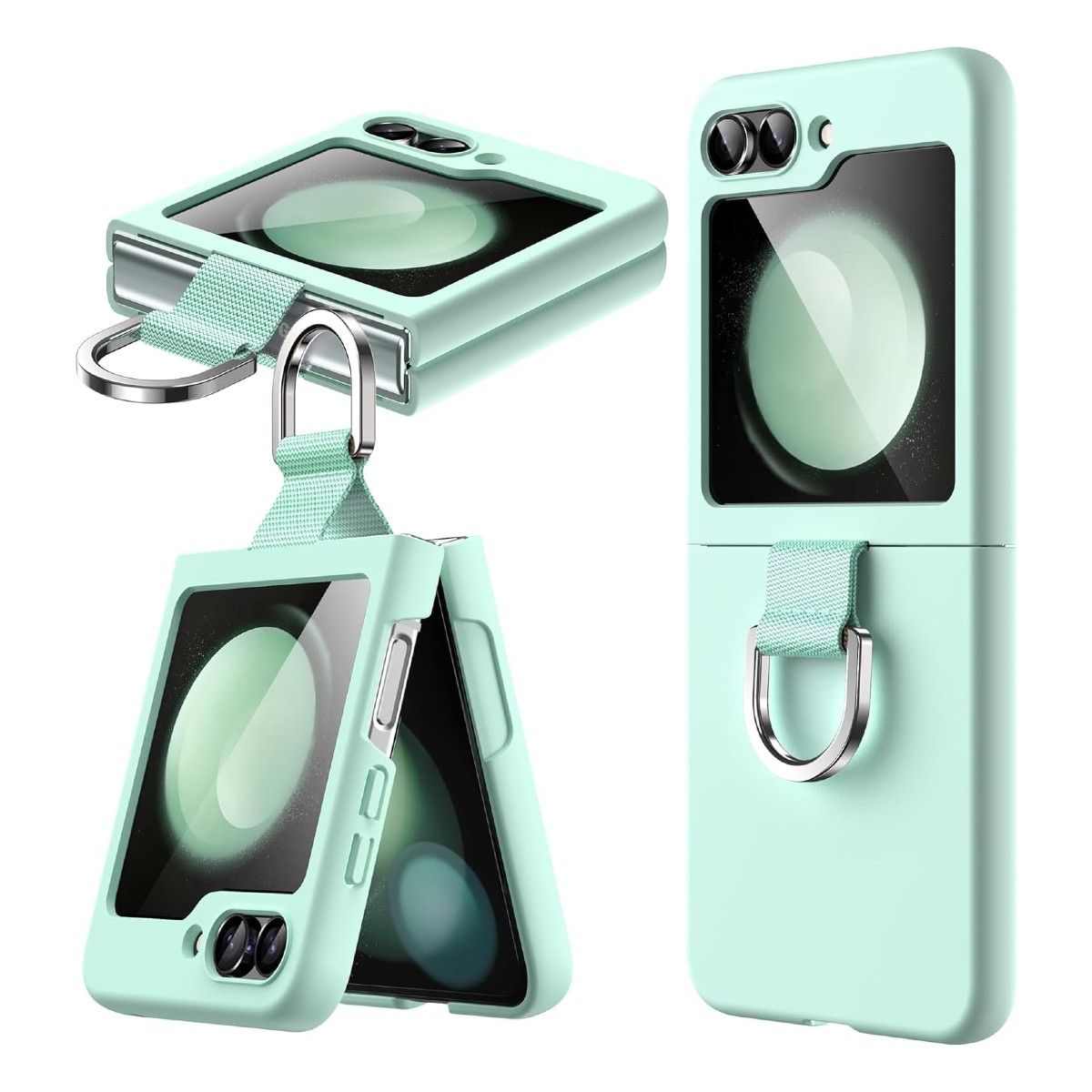 A Galaxy Z Flip 5 with a mint green case in different folded states