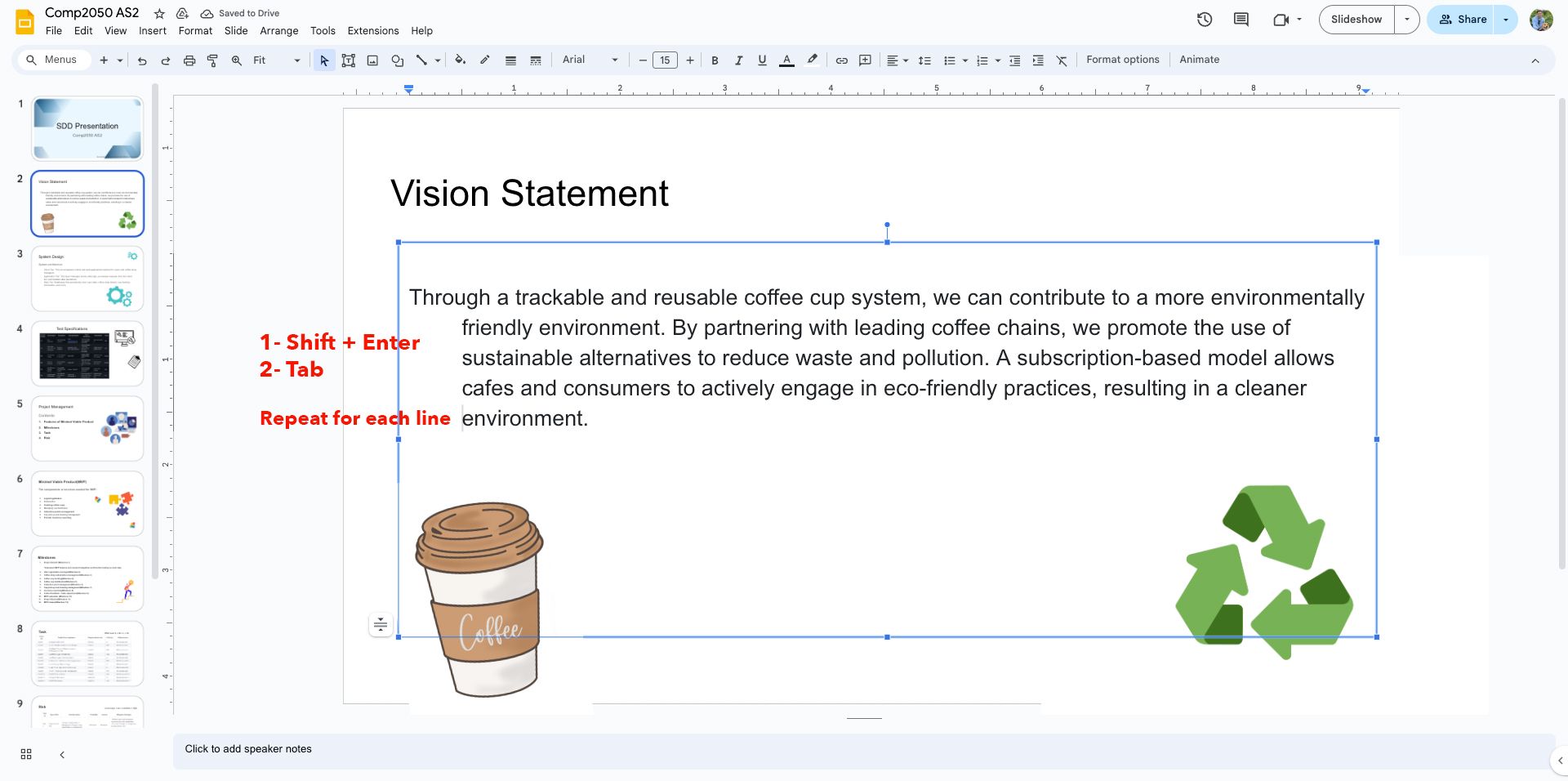 A screenshot of a Google Slides presentation with instructions overlaid on how to create a new line without a bullet point and then indent it, suggesting the use of 'Shift + Enter' and then 'Tab' for formatting