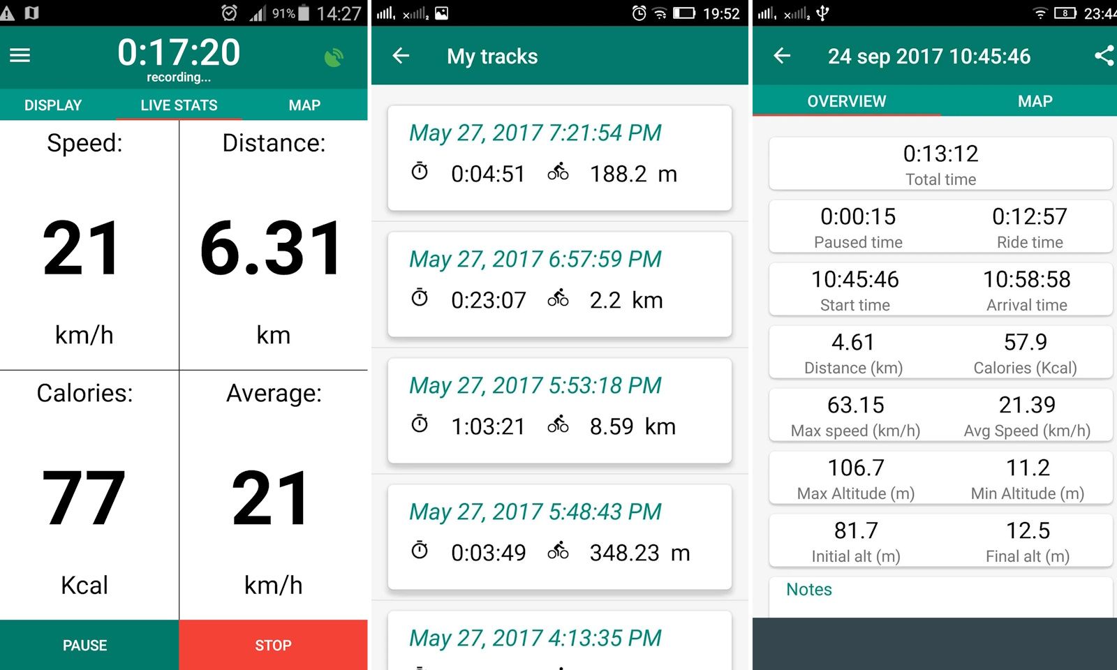 three bike computer app images side by side showing burned calories, max and average speed statistics and distance by date and time recorded