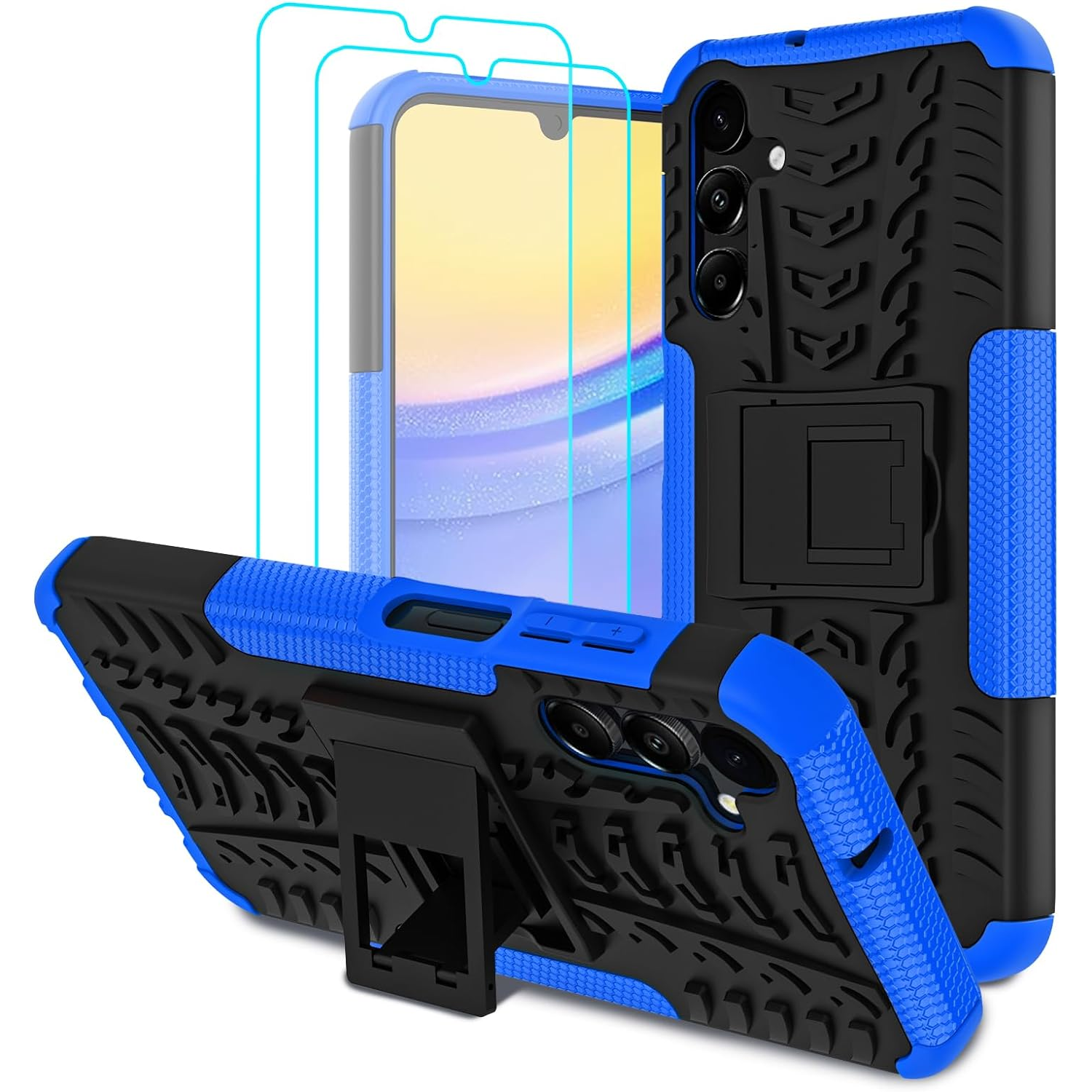 Rugged Lokmax case for Galaxy A15, front, back, and kickstand views