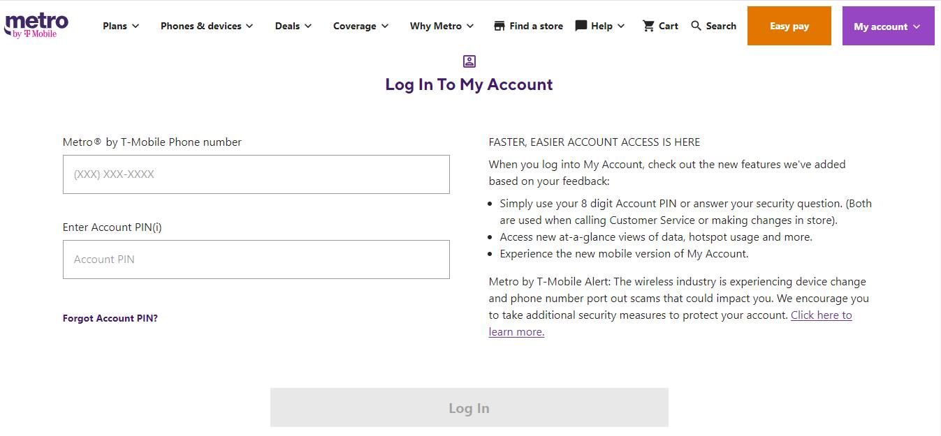 Screenshot of the Metro by T-Mobile log in page