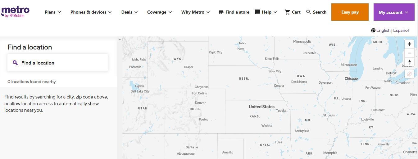 Screenshot of the Metro by T-Mobile store locator