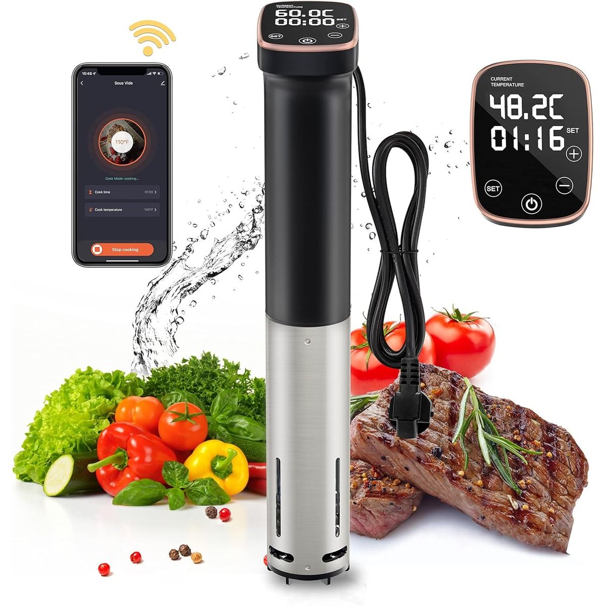 The Miaton Sous Vide Cooker and a smartphone against a white background