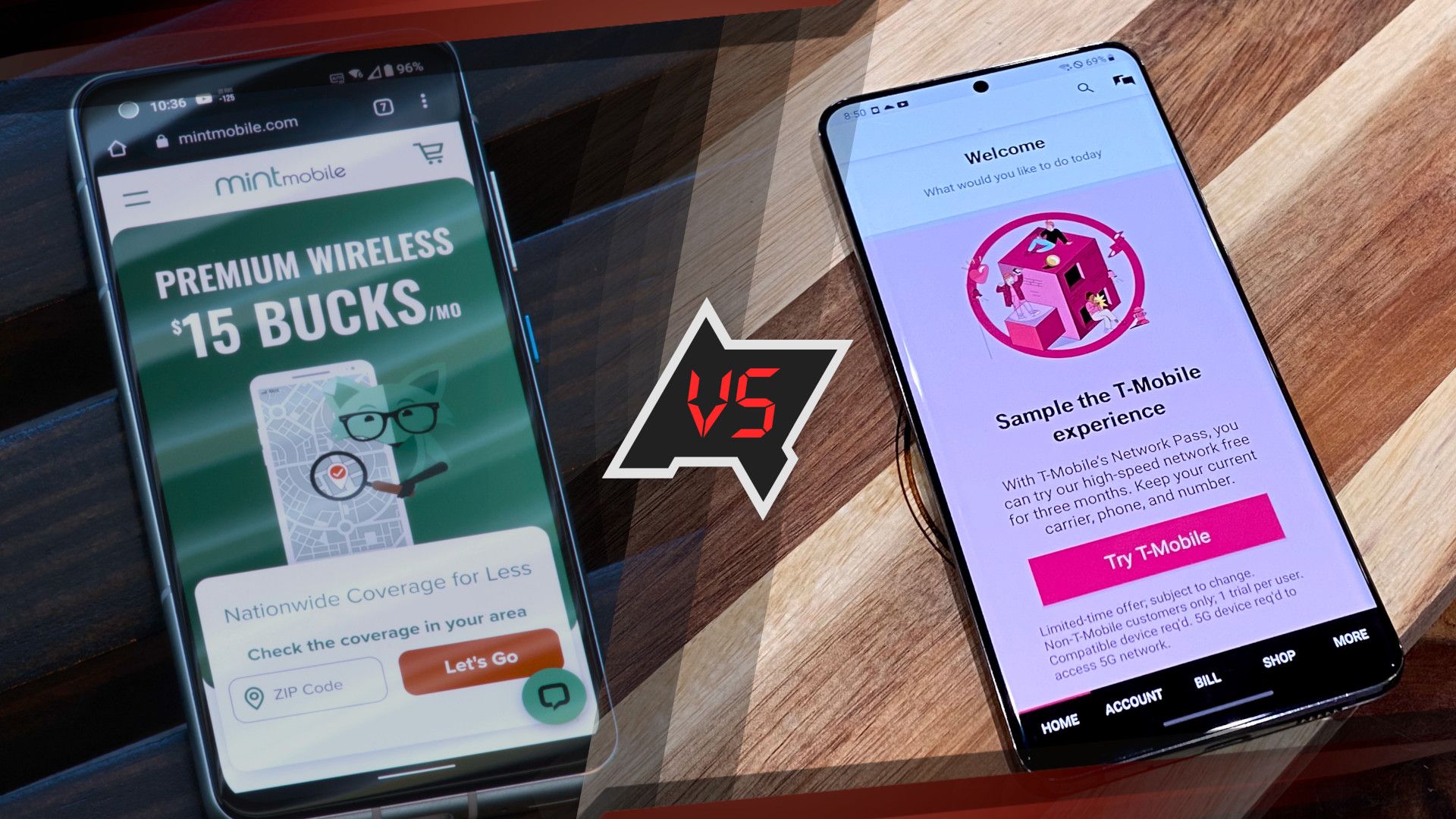 Mint Mobile vs. T-Mobile hero apps on phones